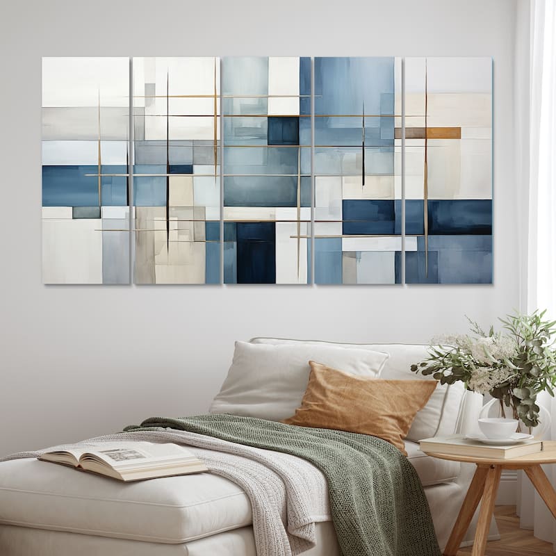 Designart "Blue Grey Line Art Abstract Geometrics I" Modern Multipanel Canvas Art Print set - 60 In. Wide X 28 In. High - 5 Panels Equal Panels