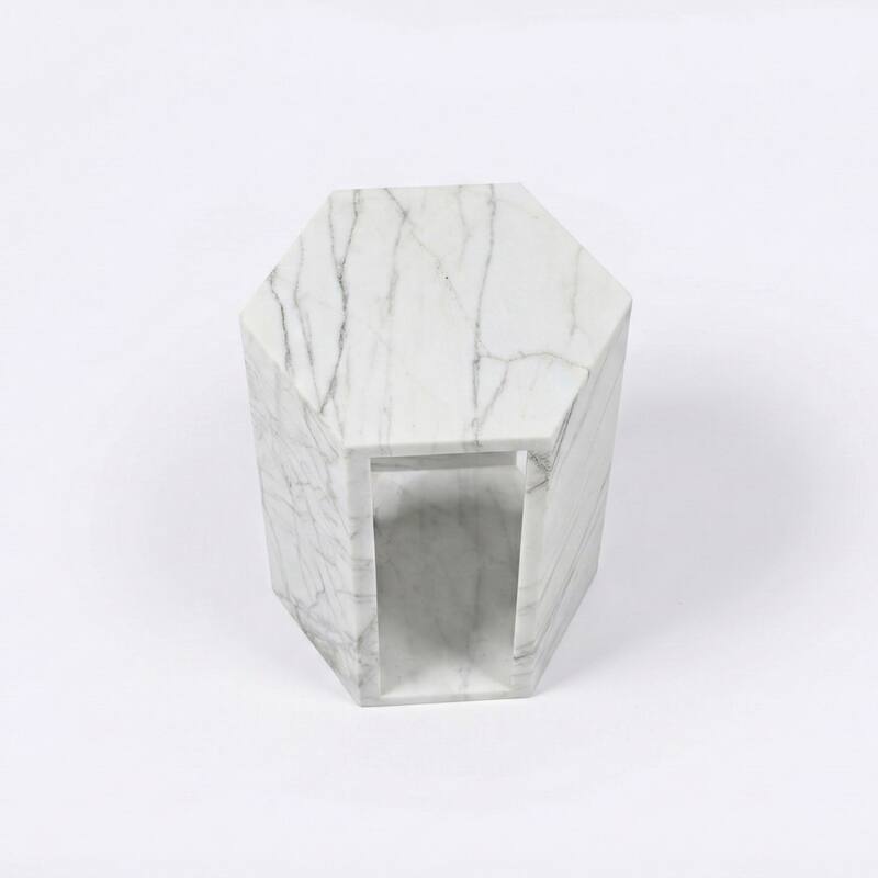 Roomfitters Luxury Natural Marble Hexagon Side Table, Solid Stone Geometric Pedestal End Table, Polished Finish
