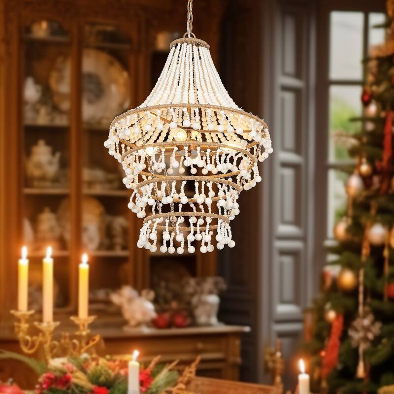 Renia Modern Farmhouse Drum Wood Beaded Chandelier Tiered Boho Chic Foyer Pendant