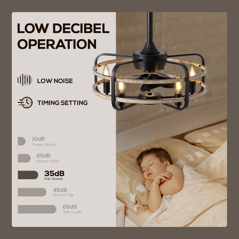 Industrial Black Caged Vintage Chandelier Ceiling Fan with Lights and Remote Control