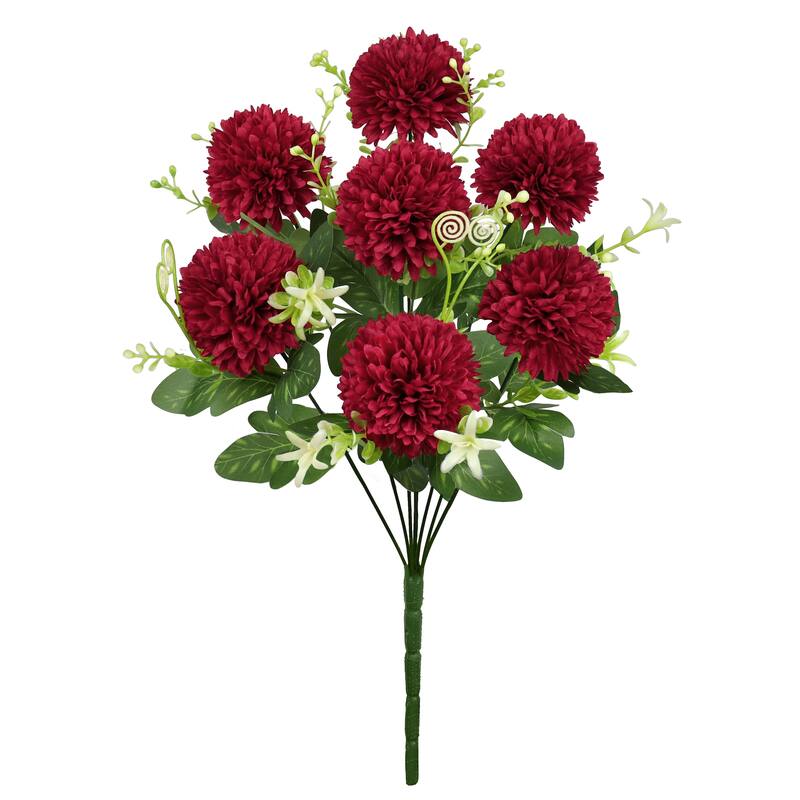 Set of 3 Red Burgundy Artificial Pom Pom Mum Flower Stem Bush Bouquet 16in - 16" L x 8" W x 8" DP - 16" L x 8" W x 8" DP - Red Burgundy