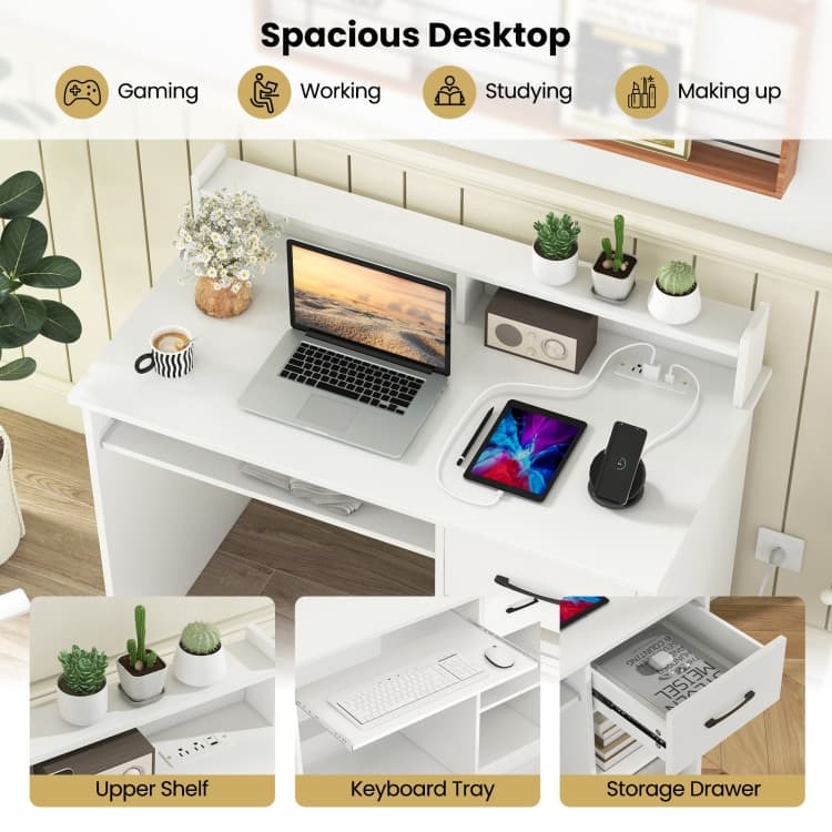 White Desk with Charging Station and Adjustable Shelf for Home Office-White