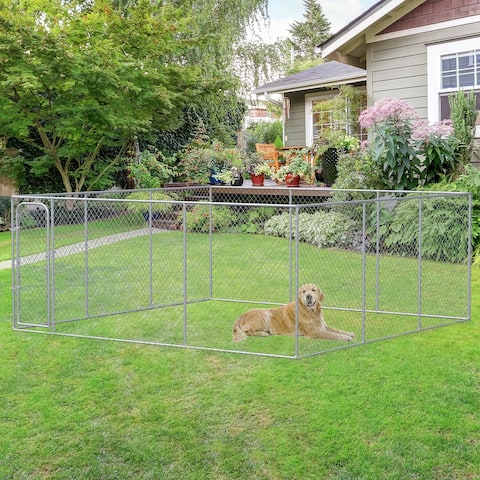 PawHut Outdoor Dog Kennel Galvanized Chain Link Fence Heavy Duty Pet Run House Chicken Coop with Secure Lock Mesh Sidewalls
