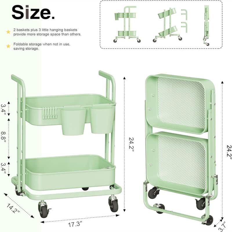 2 Tier Foldable Rolling Cart - 17.3"D x 18.3"W x 24.2"H