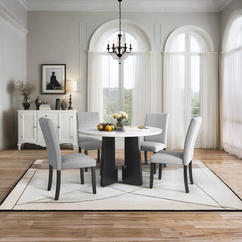 5 Kitchen Piece Dining Table Set Round Dining Table Set, with 43-Inch Dining Table & 4 Upholstered Dining Room Chair
