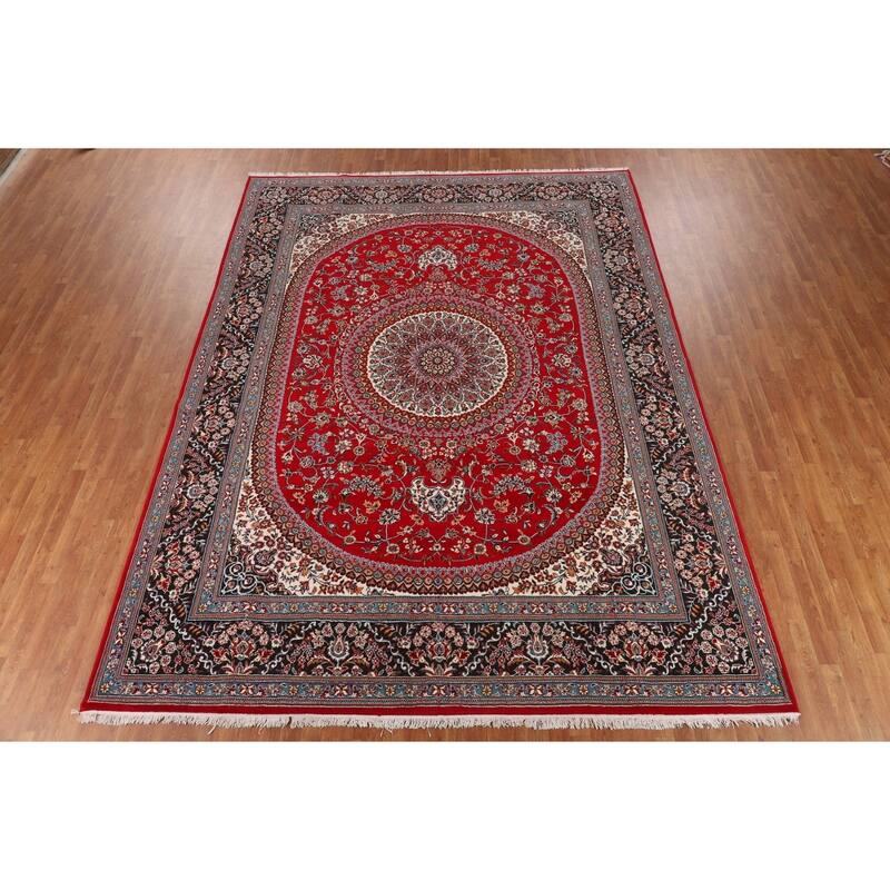 Traditional Kashan Turkish Rug Floral Red Machine-Made Carpet - 9'8" x 13'1"
