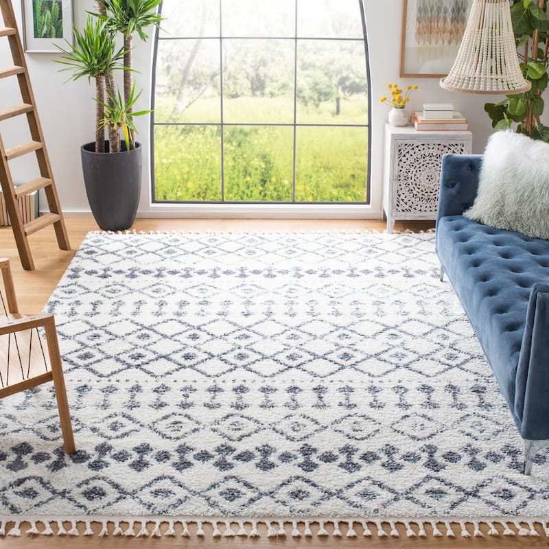 SAFAVIEH Berber Fringe Dashurije Leatha Trellis Rug - 11' x 15' - Cream/Dark Grey