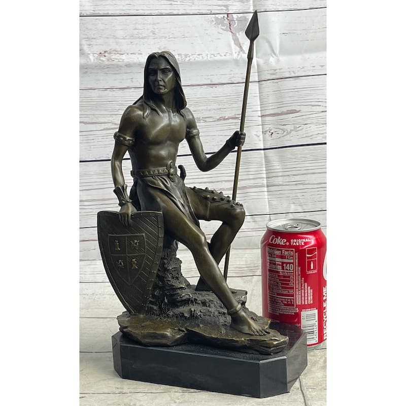 Muscular Warrior Barbarian Soldier W/ Shield Spear Bronze Sculpture Statue Figure Marble Base
