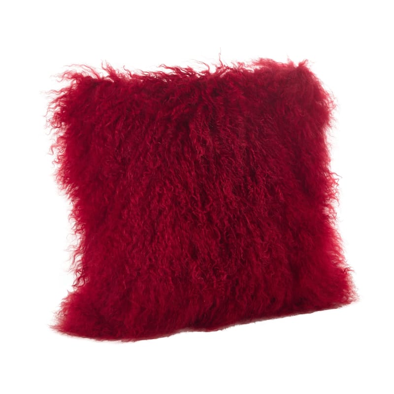 Wool Mongolian Lamb Fur Decorative Throw Pillow - 16 X 16 - Red