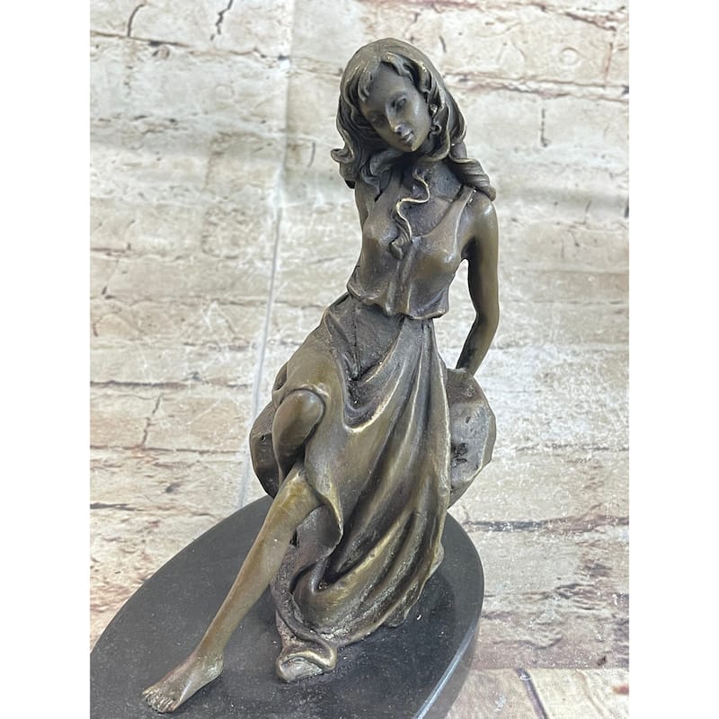 Young Girl Laying Against Rock Bronze Figure Statue Sculpture Decor 8 Inches X 6 Inches
