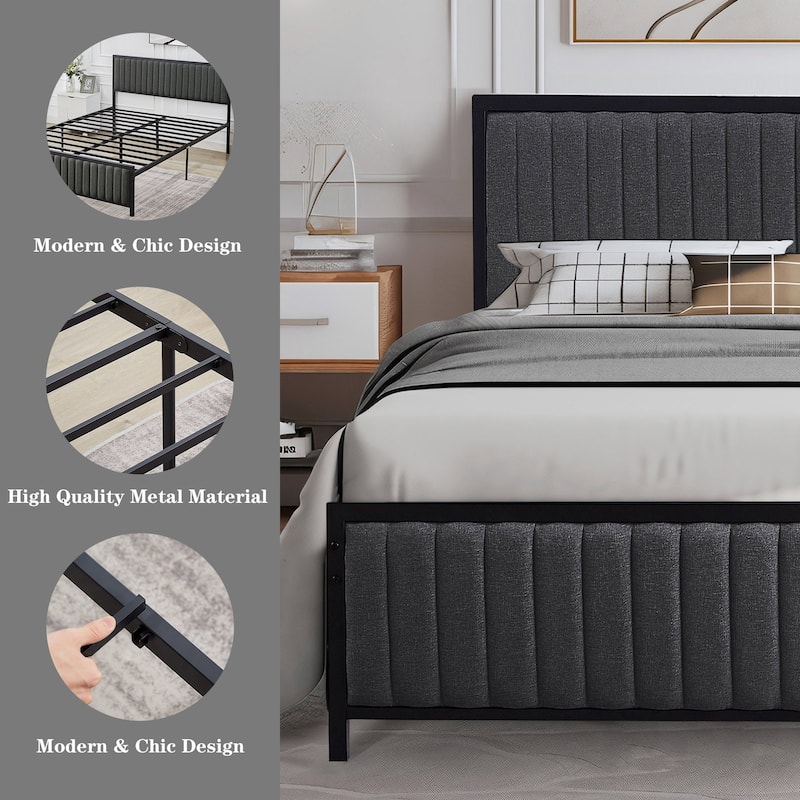 VECELO Upholstered Bed Frame with Tufted Headboard & Footboard Heavy Duty Steel Slats Platform No Box Spring Needed