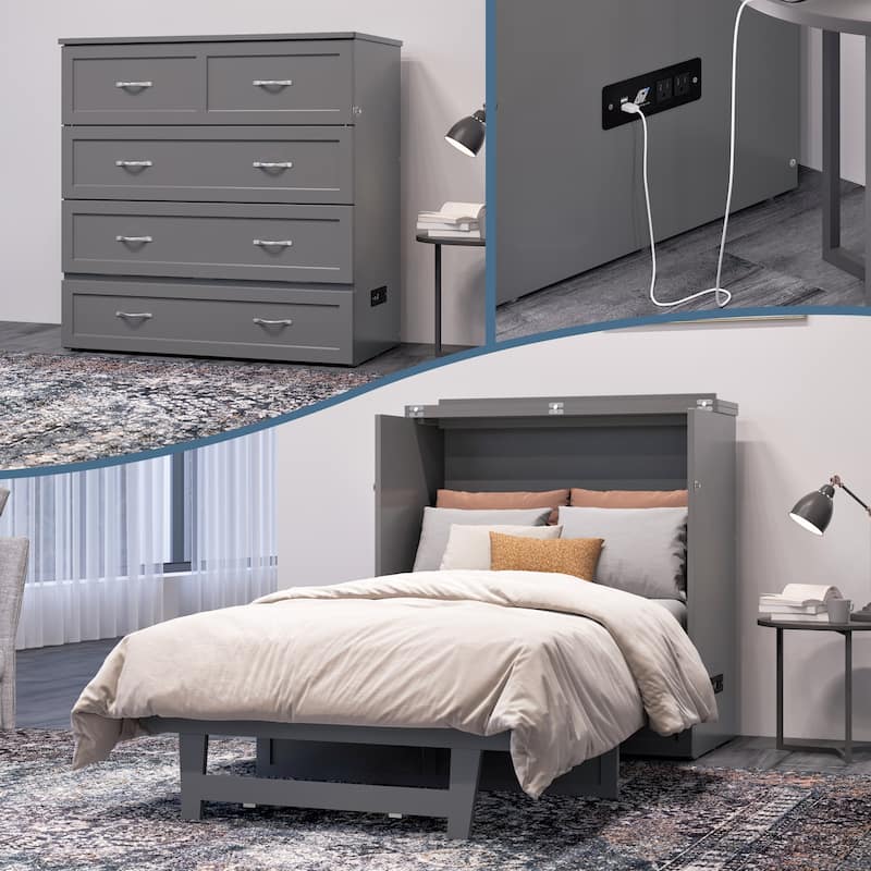 AFI Northfield Murphy Bed Chest with 6" Mattress, Storage Drawer & Built-In Charger - Grey - Twin XL
