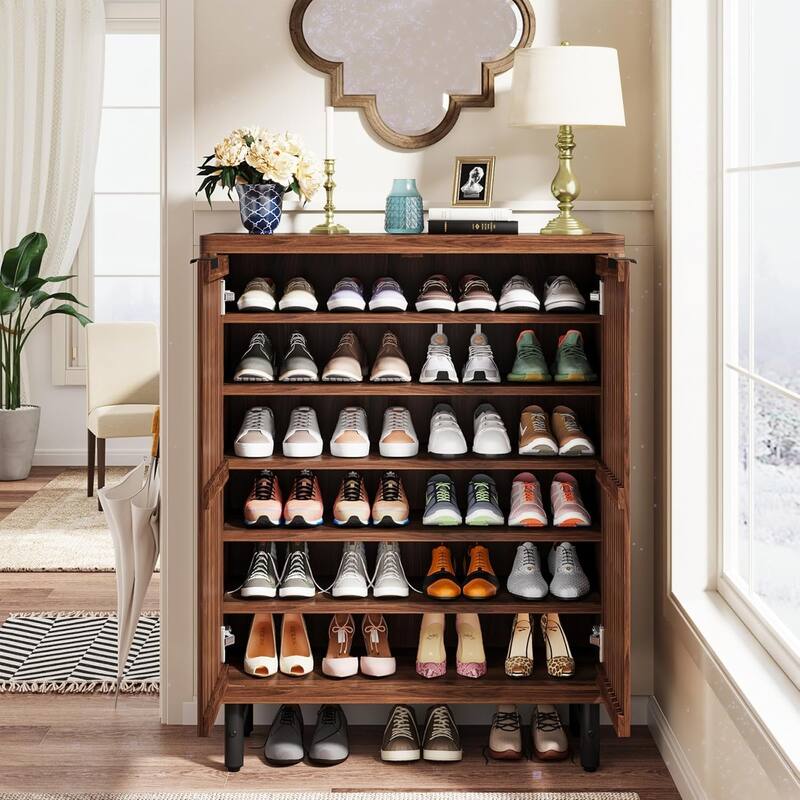 6-Tier Shoe Cabinet with Shutter Doors Adjustable Shelves Wooden Storage Cabinet for Entryway/Hallway/Closet/Living Room