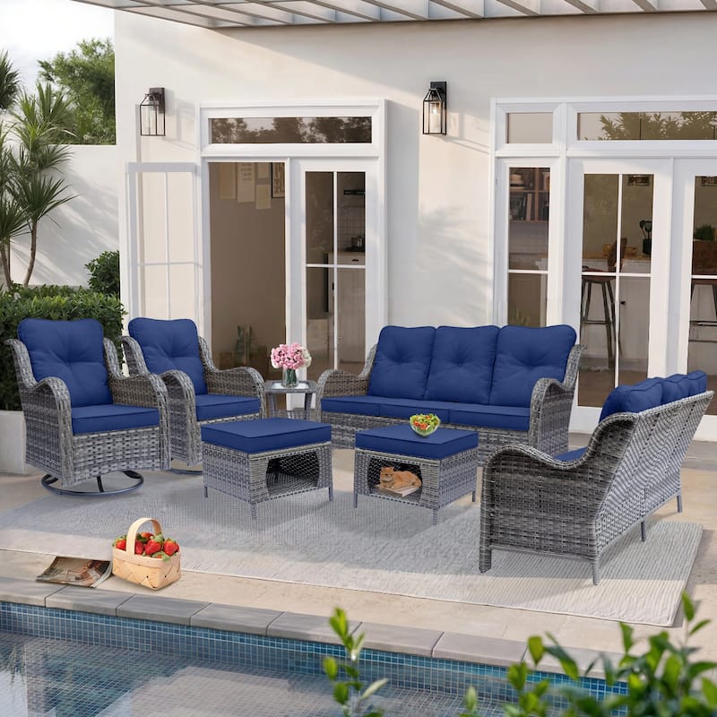 7-Piece Outdoor Wicker Patio Conversation Swivel Chairs Furniture Sets