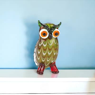 HomeRoots 9" Green and White Murano Glass Owl Figurine Tabletop Sculpture - 3.5' X '8.5' X '4.5