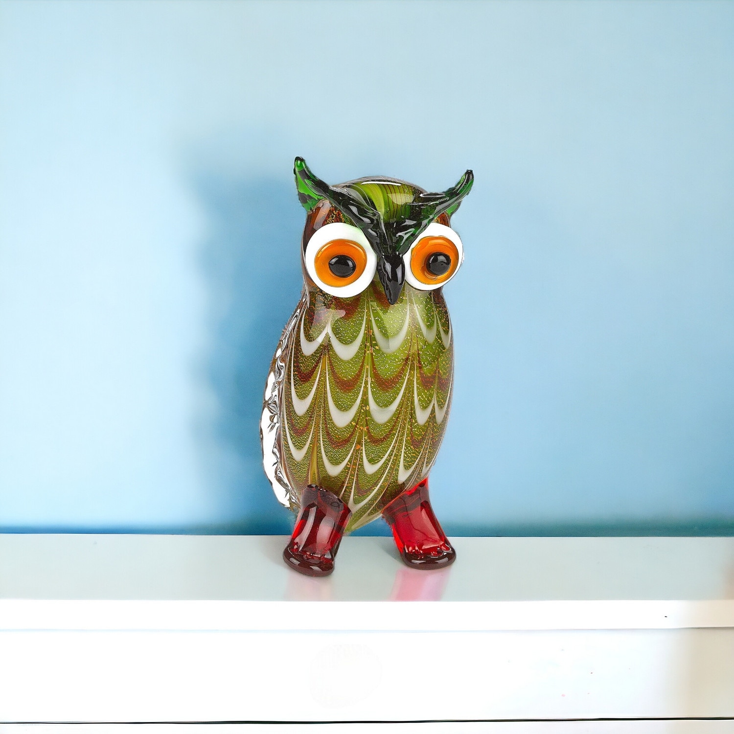 HomeRoots 9" Green and White Murano Glass Owl Figurine Tabletop Sculpture - 3.5' X '8.5' X '4.5
