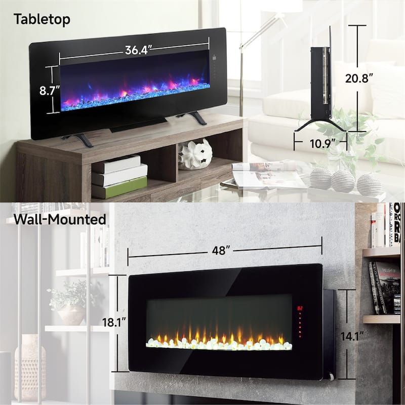 48" Curved Front Wall Mounted Electric Fireplace with Remote and Flame