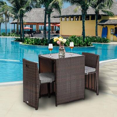 3PCS Rattan Wicker Bistro Set with Glass Top Table 2 Chairs Space Saving Design Brown