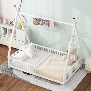 White Twin Metal House Floor Bed with Triangle Structure & Guardrail for Toddlers & Baby, Modern Montessori Platform Bed Frame