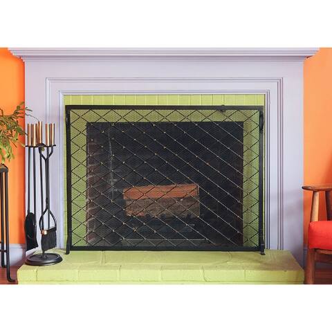 Minuteman International Harlequin Flat Fireplace Screen w/Diamond Pattern, 38 Inch Long, Black and Brass Finish