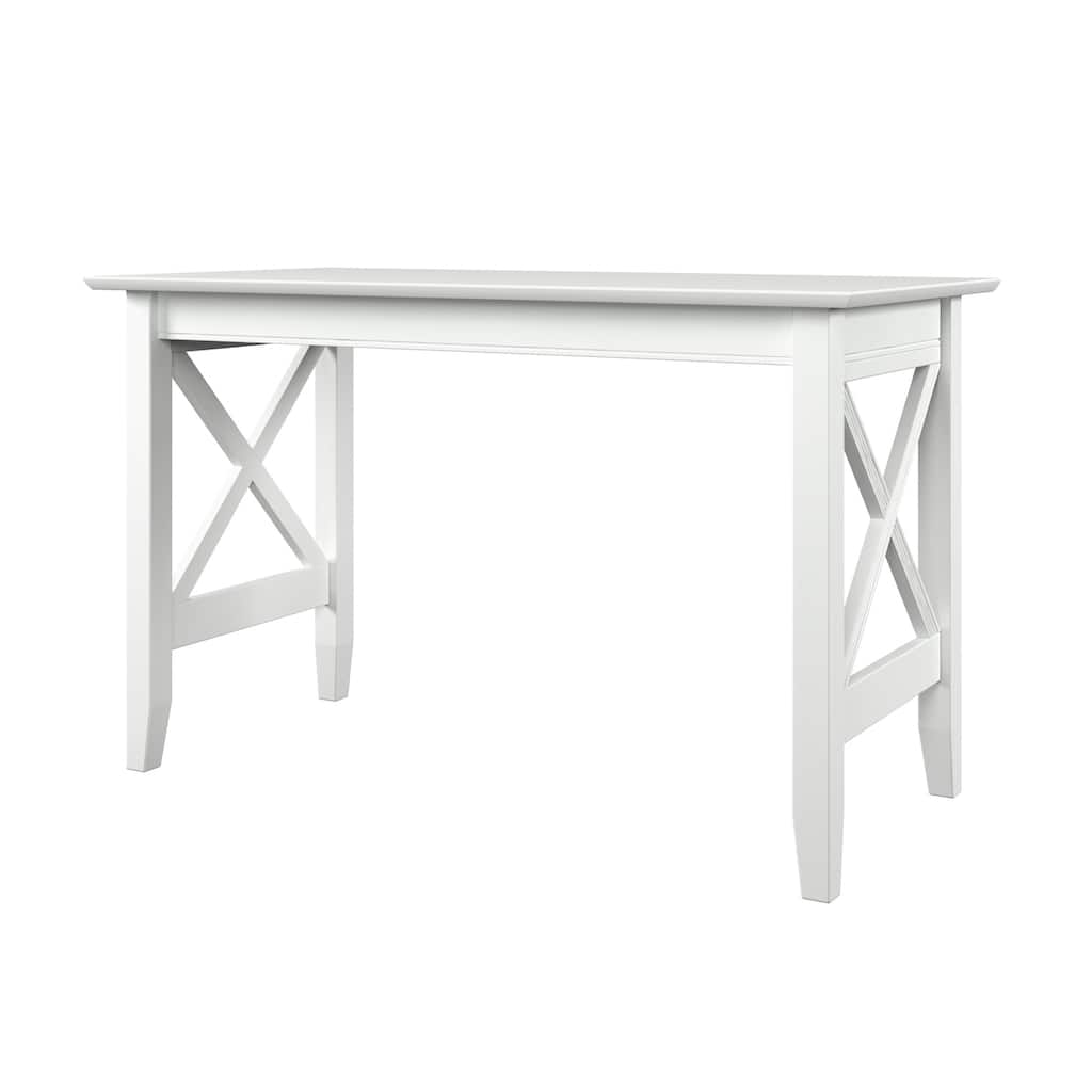 Desk with USB Charger - White Writing Desk with X Design - Solid Wood Desktop for Home Office