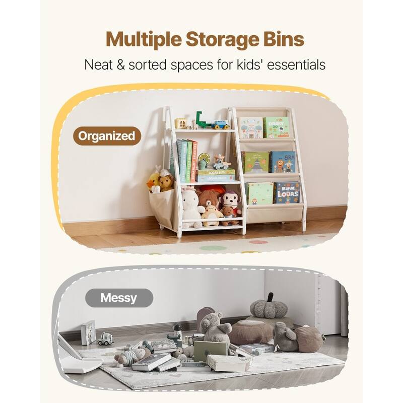 White-Beige Kids Bookshelf and Toy Storage Organizer with 7 Compartments - 33.46 x 11.81 x 29.72 in