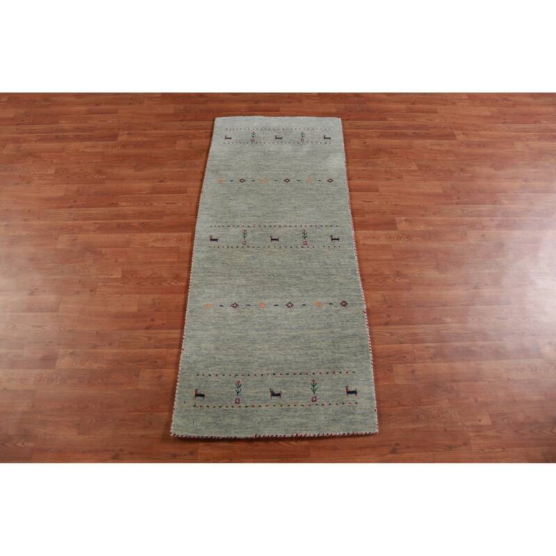Hand Knotted Oriental 100% Wool Carpet Tribal Tribal Green Gabbeh Area Rug - 5' 11'' X 2' 6''