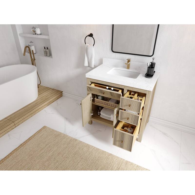Willow Collections 36 x 22 Sonoma Oak Wood Center Sink Left Bathroom Vanity with Quartz or Marble Countertop