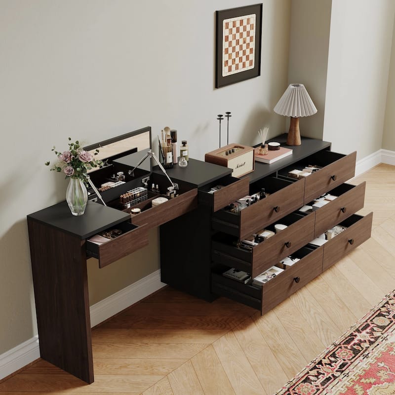 Home Office Storage Expandable Dresser Desk Combo With Flip-Top Makeup Mirror and 6 Storage Drawers