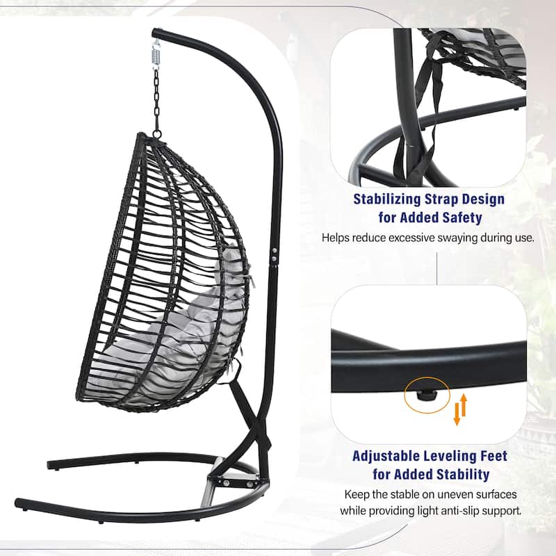 Hanging Hammock Chair with Stand, Foldable Rattan Egg Swing Chair with Iron Frame and Plush Cushion & Removable Headrest