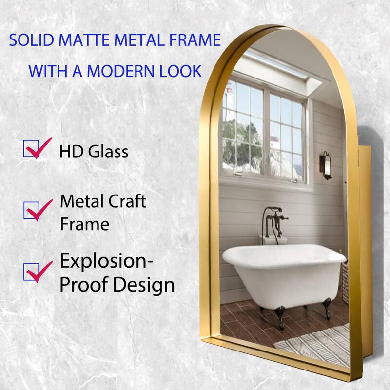 24x36 Inch Arched Bathroom Medicine Cabinet with Mirror, Metal Framed Recessed Wall Cabinet with Mirror