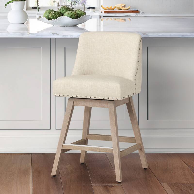 26 in. H Counter Height 360 Free Swivel Bar Stools Upholstered Wooden Counter Stools with Back - Single - Beige