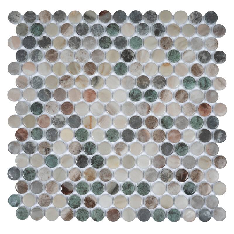Lucenza 12x12 in. Green Beige Matte Recycled Glass Penny Round Mosaic Wall and Floor Tile (10.56 sq ft/case, 12-Pack)