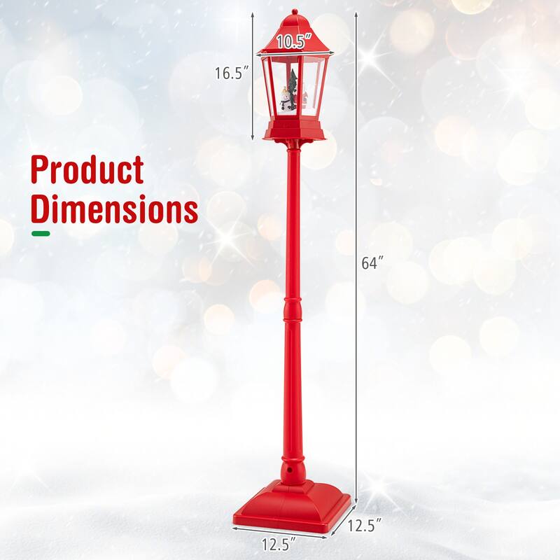 5.3 Feet Red Musical Christmas Street Lamp with LED Lights, Snow Scene, Santa, and 8 Tunes - 12.5" x 12.5" x 64"