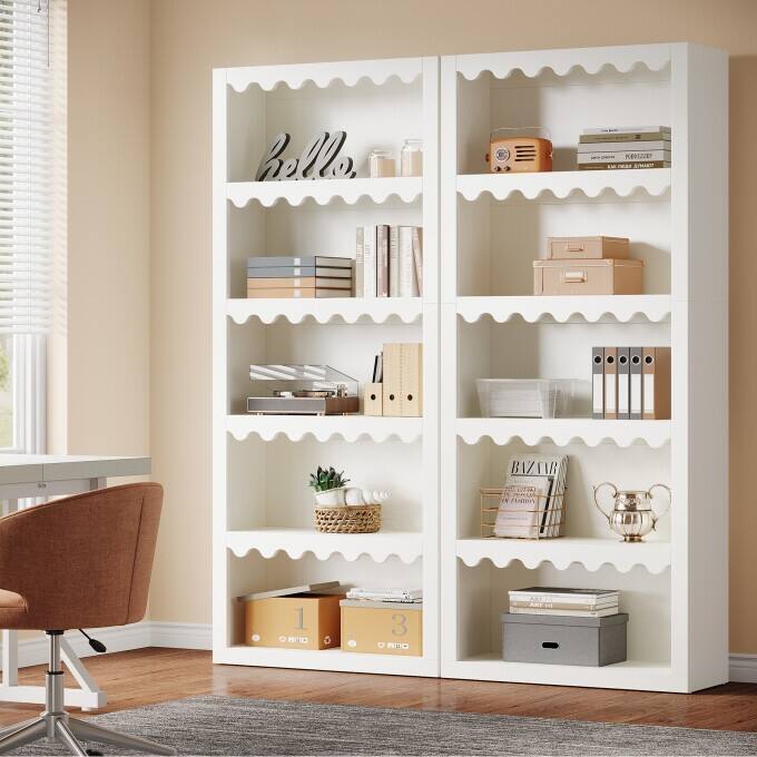 5-Tier White Bookcase, Wooden Tall Bookshelf for Living Room