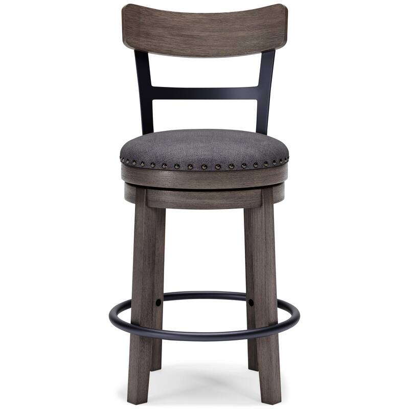 Swivel Barstool with Nailhead Trim and Curved Panel Back, Gray