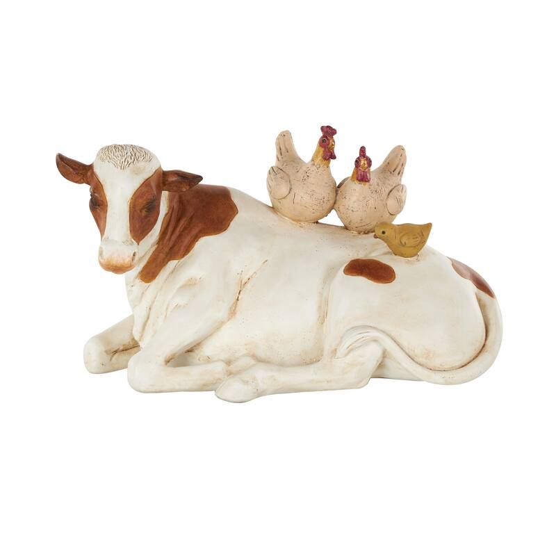 Polystone Cow Decorative Sculpture with Sitting Roosters and Chicks - Copper or Cream - Cream
