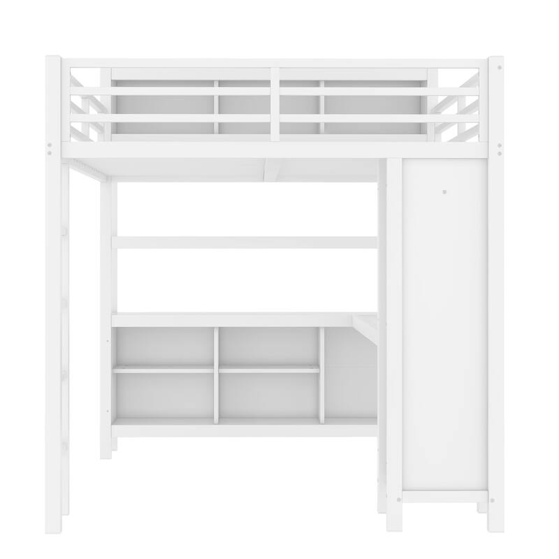 Queen Size Metal Loft Bed with Wardrobe, L-shaped Desk, and Storage Shelves for Kids, Teens, and Adults