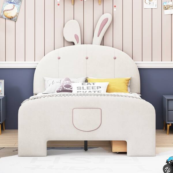 slide 2 of 25, Rabbit-Shaped Full Size Platform Bed with Drawers and Storage Pocket Beige
