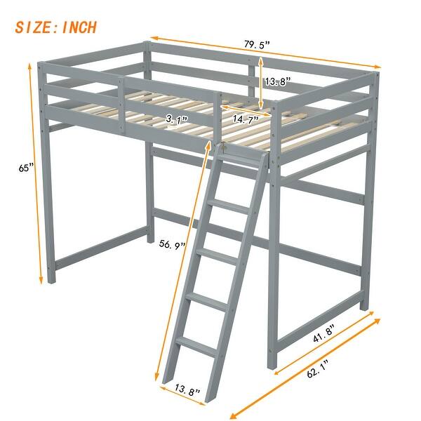 dimension image slide 0 of 2, Twin Size Pine Wood High Loft Bed with inclined Ladder and Guardrails for Bedroom