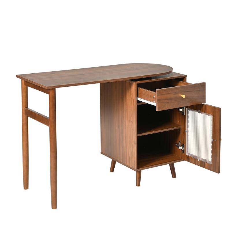 90° Rotating Computer Desk, L Shaped Office Desk Gaming Table Corner Writing Desk with Storage Drawer, Cabinets & Shelves
