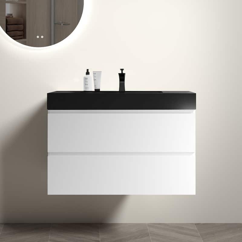 36"Bathroom Vanity with Sink,Storage Wall Mounted Floating Bathroom Vanity,One-Piece Black Sink Basin without Drain and Faucet - White+Black