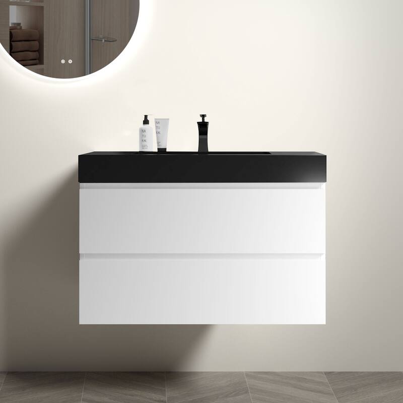 Modern Large Storage Wall Mounted Bathroom Vanity with Sink Basin without Drain and Faucet - White+Black