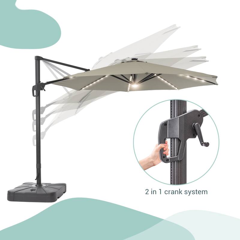 LIVOOSUN 11Ft Aluminum LED Patio Cantilever Offset Umbrella With Base