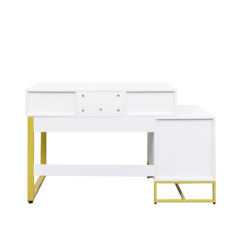 Roomfitters White and Yellow Makeup Vanity Set with Mirror, 4-Drawer Dressing Table with Stool and Nightstand for Bedroom