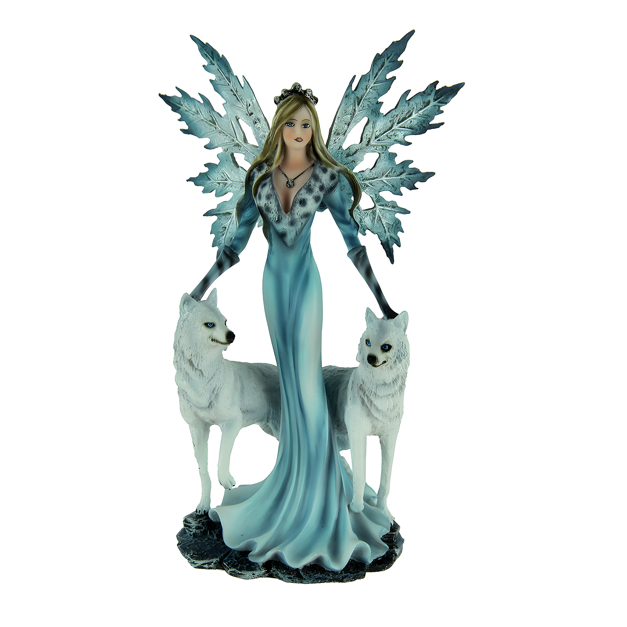 Blue Ice Fairy Standing With Winter White Wolves Statue - 9.75 X 6 X 3 inches