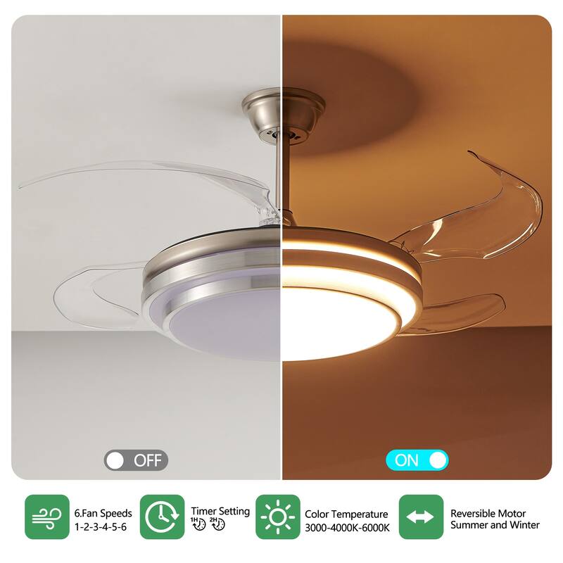 42" 3-Tier LED Ceiling Fan with Light - Remote - Retractable Blades