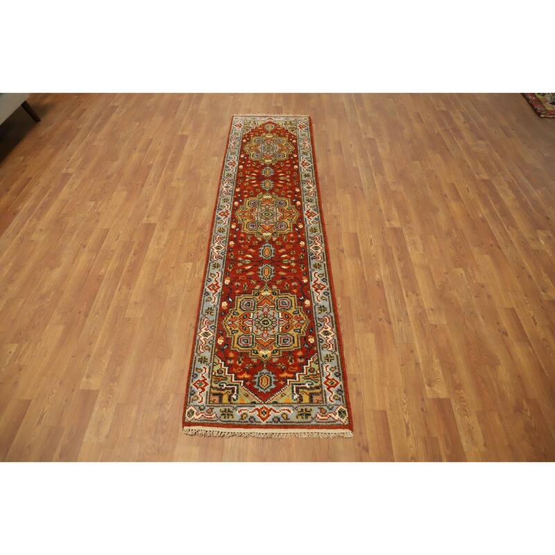 Hand Knotted Oriental 100% Wool Carpet Traditional Geometric Oranges & Rust Heriz (serapi) Runner Rug - 7' 11'' X 2' 0''