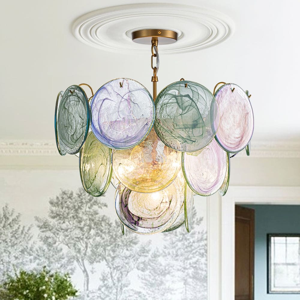 Glam Tiered Pearlescent Green Misty Glass Round Chandelier