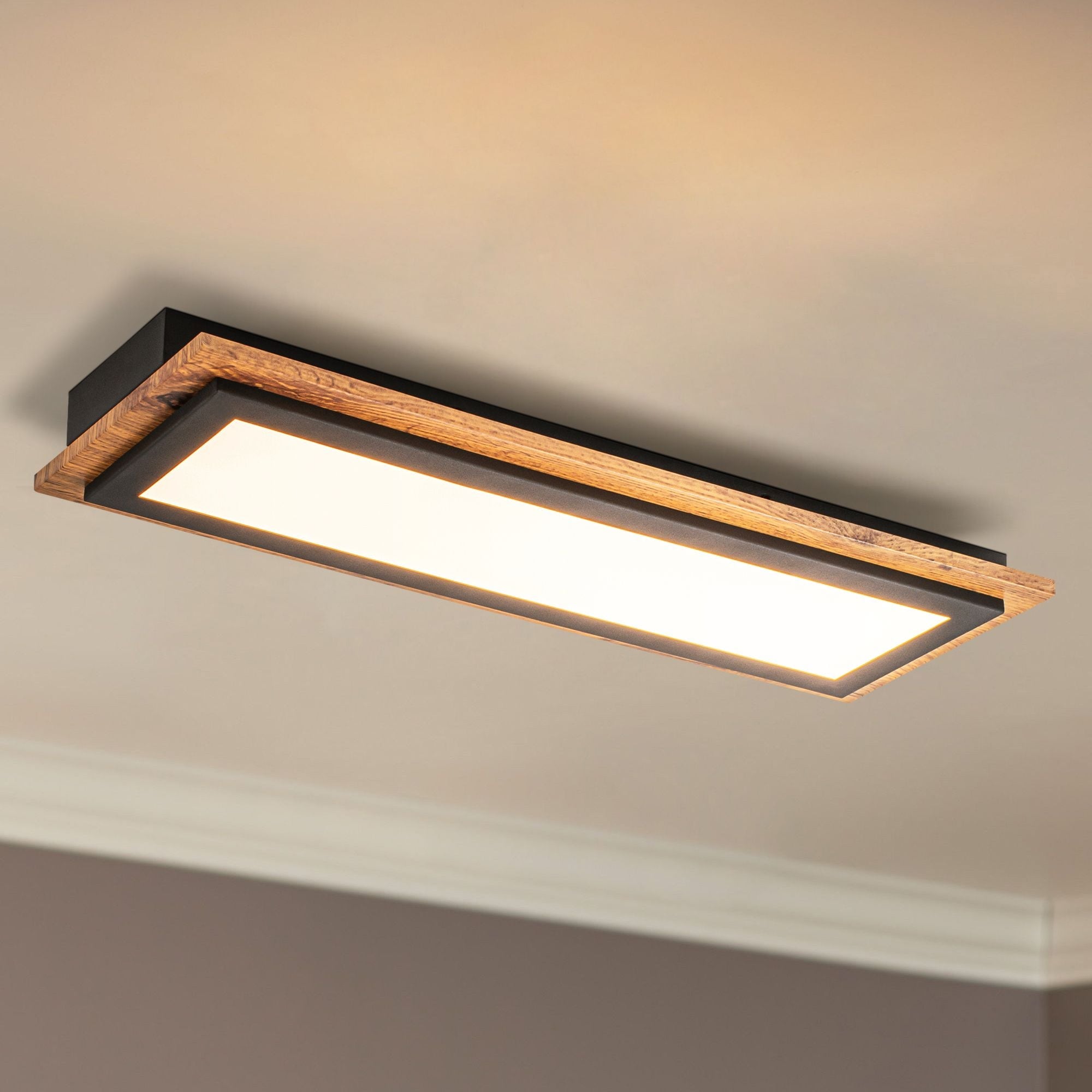 21.3" Farmhouse Rustic Black Finish Rectangular Natural Wooden Dimmable LED Flush Mount Ceiling Light for Bedroom